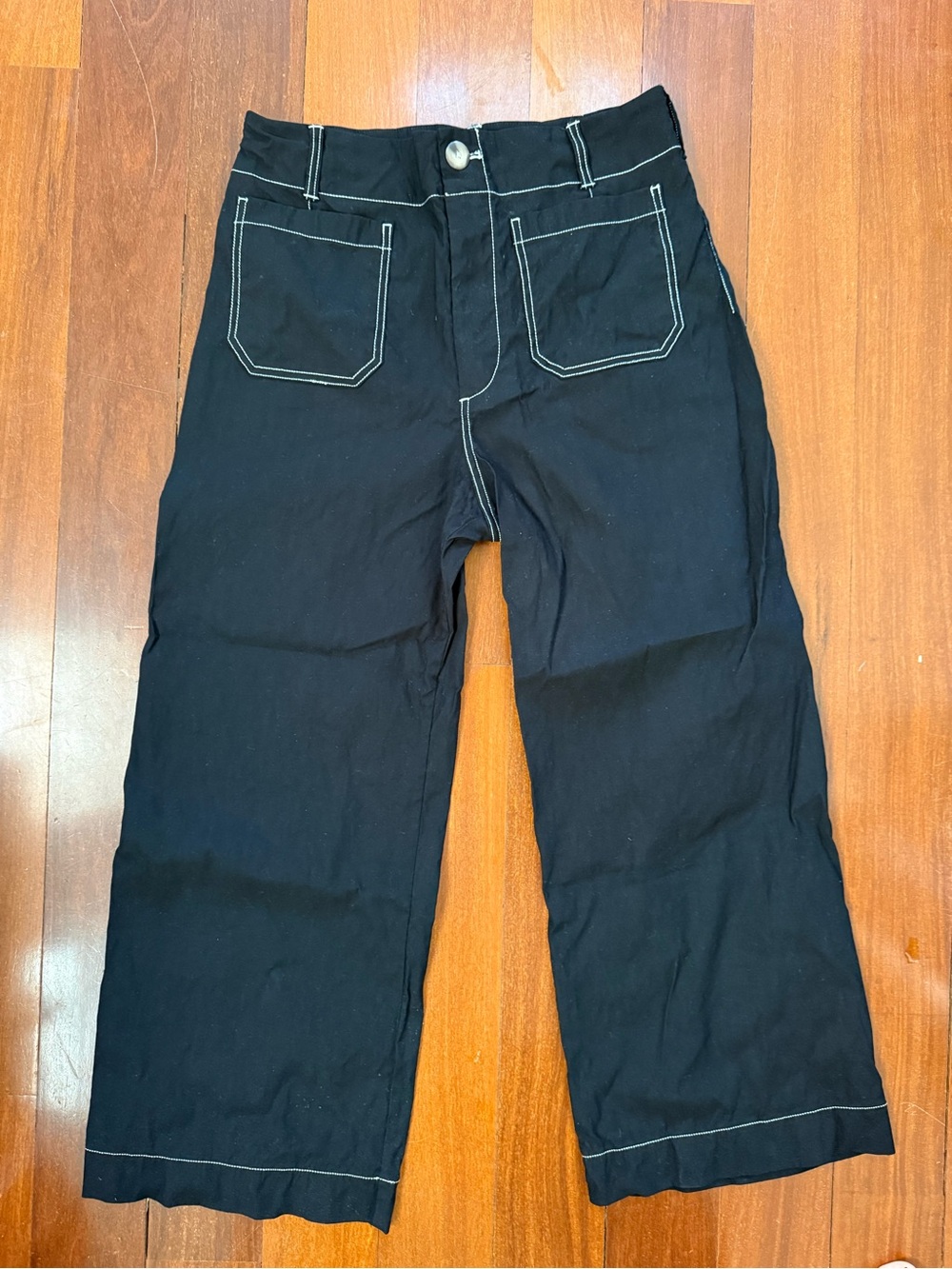 Maeve Black Wide-Leg Chinos with Contrast Stitching